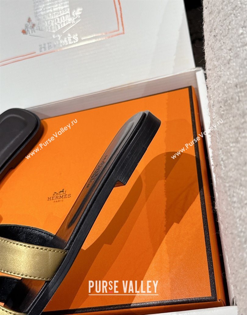 Hermes Classic Oran Flat Slides Sandal in Shiny Calfskin Gold 2025 0606 (MD-250606127)