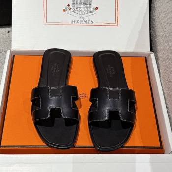 Hermes Classic Oran Flat Slides Sandal in Shiny Calfskin Black 09 2025 0606 (MD-250606131)