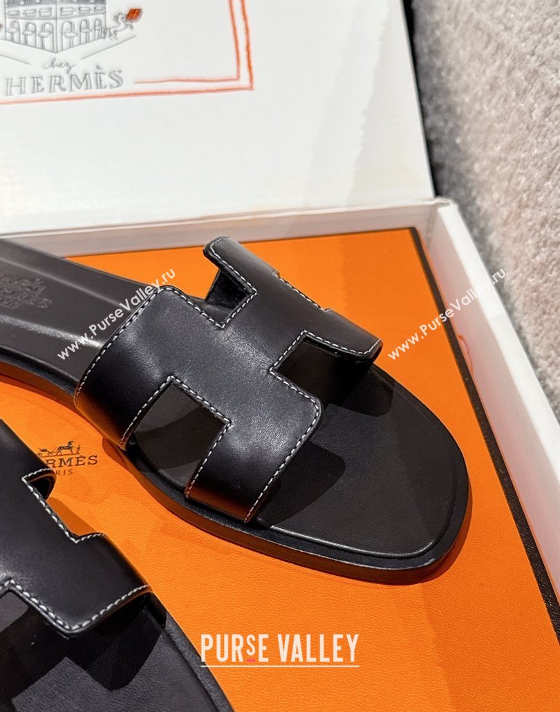 Hermes Classic Oran Flat Slides Sandal in Shiny Calfskin Black 09 2025 0606 (MD-250606131)