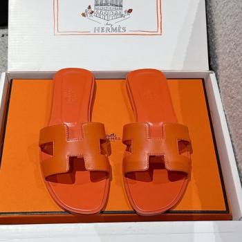Hermes Classic Oran Flat Slides Sandal in Shiny Calfskin Orange 11 2025 0606 (MD-250606133)