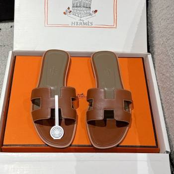 Hermes Classic Oran Flat Slides Sandal in Shiny Calfskin Brown 12 2025 0606 (MD-250606134)