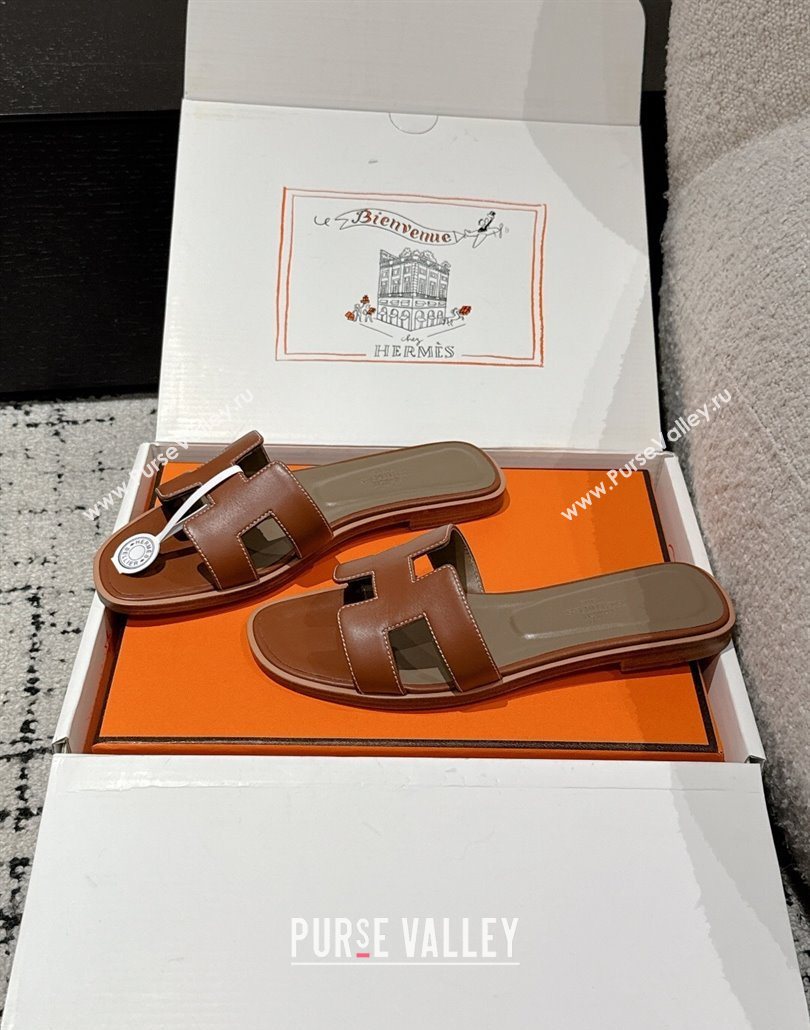 Hermes Classic Oran Flat Slides Sandal in Shiny Calfskin Brown 12 2025 0606 (MD-250606134)