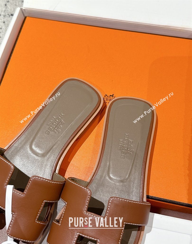 Hermes Classic Oran Flat Slides Sandal in Shiny Calfskin Brown 12 2025 0606 (MD-250606134)