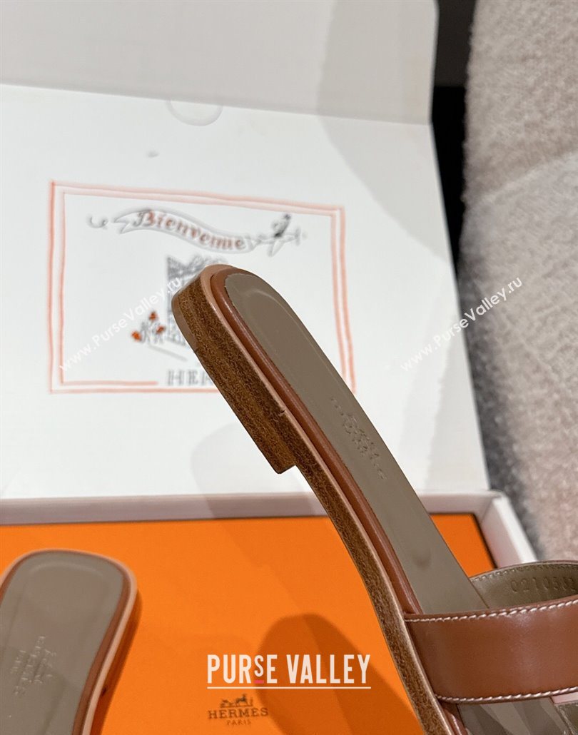 Hermes Classic Oran Flat Slides Sandal in Shiny Calfskin Brown 12 2025 0606 (MD-250606134)