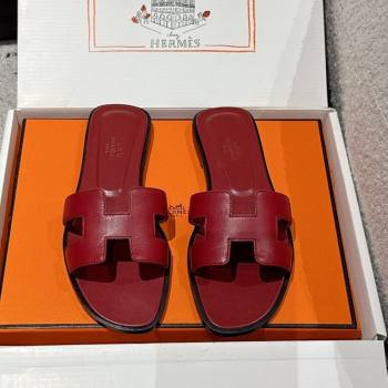 Hermes Classic Oran Flat Slides Sandal in Shiny Calfskin Burgundy 13 2025 0606 (MD-250606136)