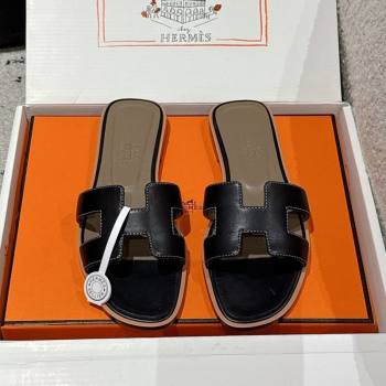 Hermes Classic Oran Flat Slides Sandal in Shiny Calfskin Black 15 2025 0606 (MD-250606138)