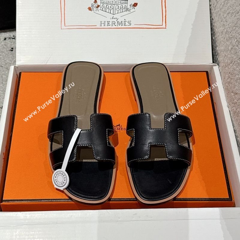 Hermes Classic Oran Flat Slides Sandal in Shiny Calfskin Black 15 2025 0606 (MD-250606138)