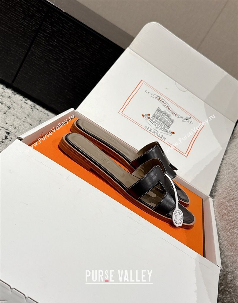 Hermes Classic Oran Flat Slides Sandal in Shiny Calfskin Black 15 2025 0606 (MD-250606138)