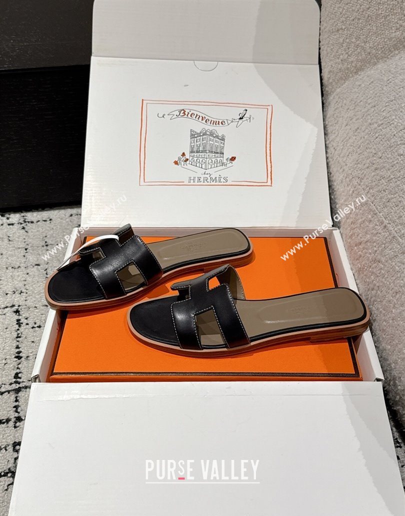 Hermes Classic Oran Flat Slides Sandal in Shiny Calfskin Black 15 2025 0606 (MD-250606138)