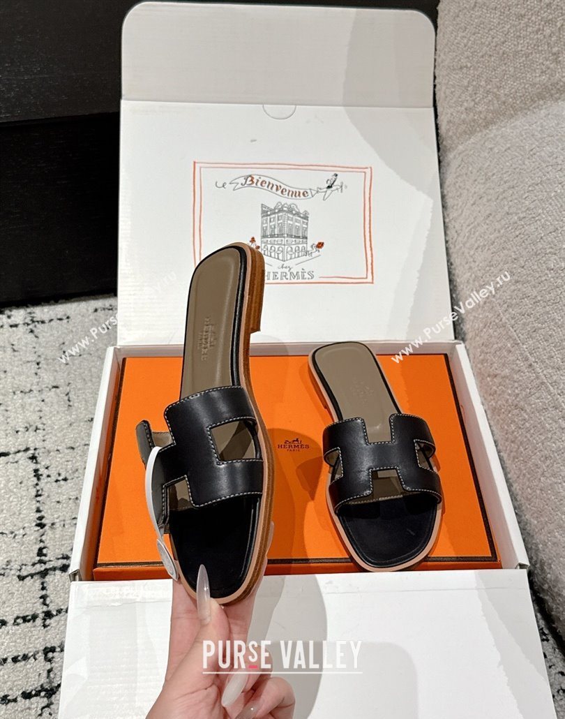 Hermes Classic Oran Flat Slides Sandal in Shiny Calfskin Black 15 2025 0606 (MD-250606138)
