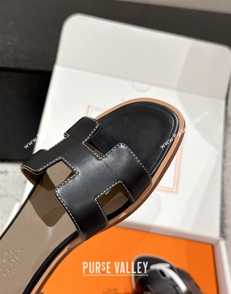 Hermes Classic Oran Flat Slides Sandal in Shiny Calfskin Black 15 2025 0606 (MD-250606138)