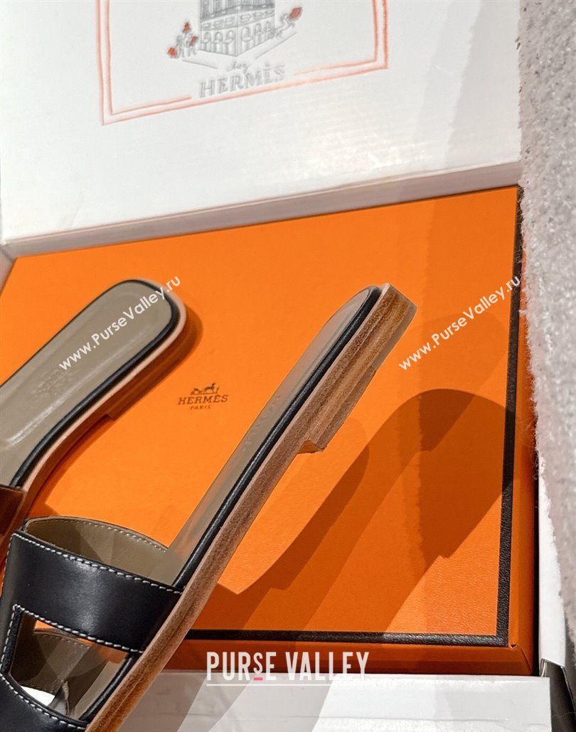 Hermes Classic Oran Flat Slides Sandal in Shiny Calfskin Black 15 2025 0606 (MD-250606138)