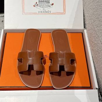 Hermes Classic Oran Flat Slides Sandal in Shiny Calfskin Brown 17 2025 0606 (MD-250606140)