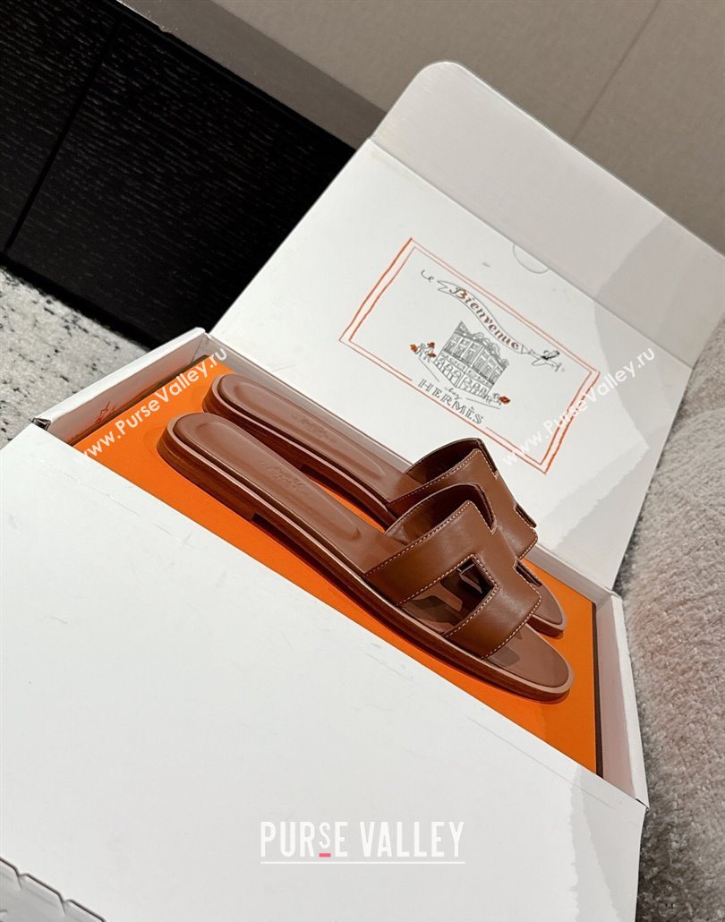 Hermes Classic Oran Flat Slides Sandal in Shiny Calfskin Brown 17 2025 0606 (MD-250606140)
