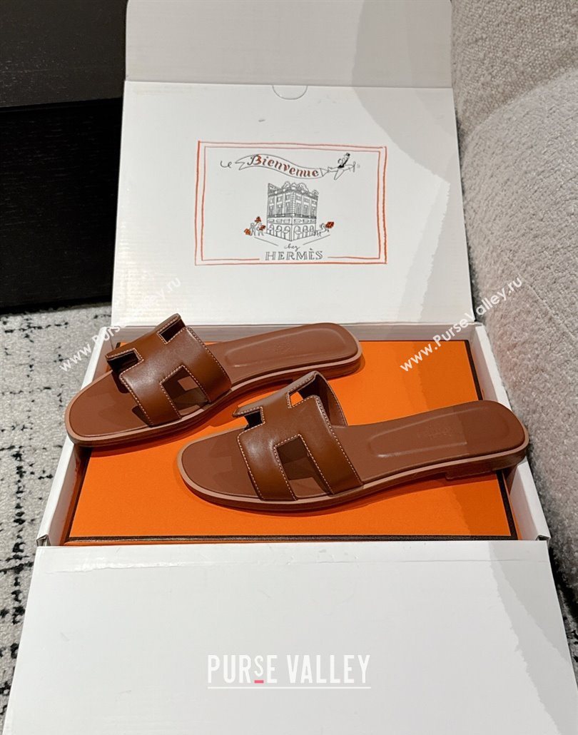 Hermes Classic Oran Flat Slides Sandal in Shiny Calfskin Brown 17 2025 0606 (MD-250606140)