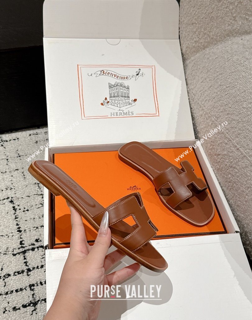 Hermes Classic Oran Flat Slides Sandal in Shiny Calfskin Brown 17 2025 0606 (MD-250606140)