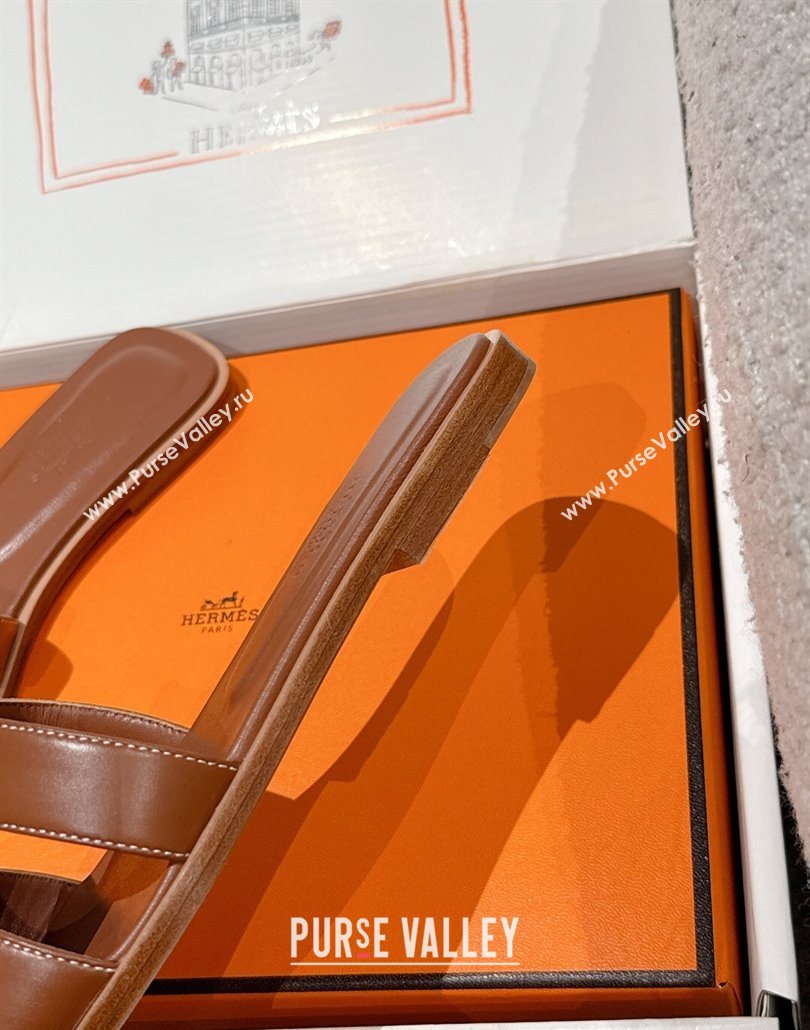 Hermes Classic Oran Flat Slides Sandal in Shiny Calfskin Brown 17 2025 0606 (MD-250606140)