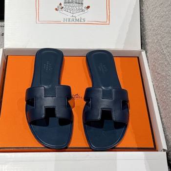 Hermes Classic Oran Flat Slides Sandal in Shiny Calfskin Dark Blue 2025 0606 (MD-250606142)