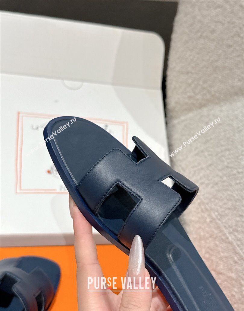Hermes Classic Oran Flat Slides Sandal in Shiny Calfskin Dark Blue 2025 0606 (MD-250606142)