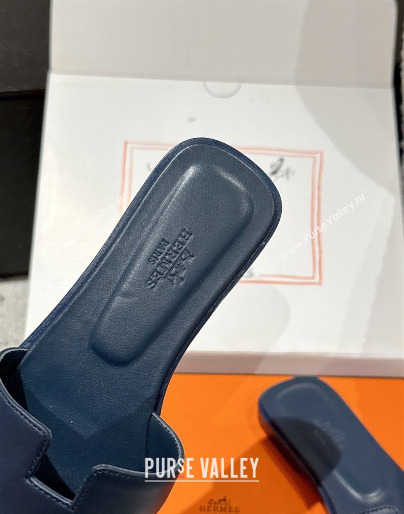 Hermes Classic Oran Flat Slides Sandal in Shiny Calfskin Dark Blue 2025 0606 (MD-250606142)