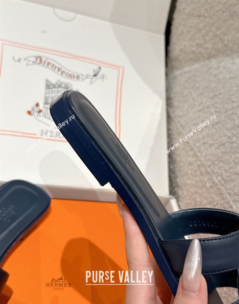 Hermes Classic Oran Flat Slides Sandal in Shiny Calfskin Dark Blue 2025 0606 (MD-250606142)
