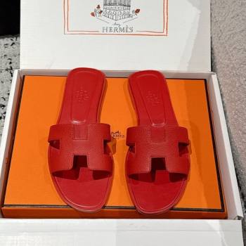 Hermes Classic Oran Flat Slides Sandal in Palm-Grained Leather Red 01 2025 0606 (MD-250606144)