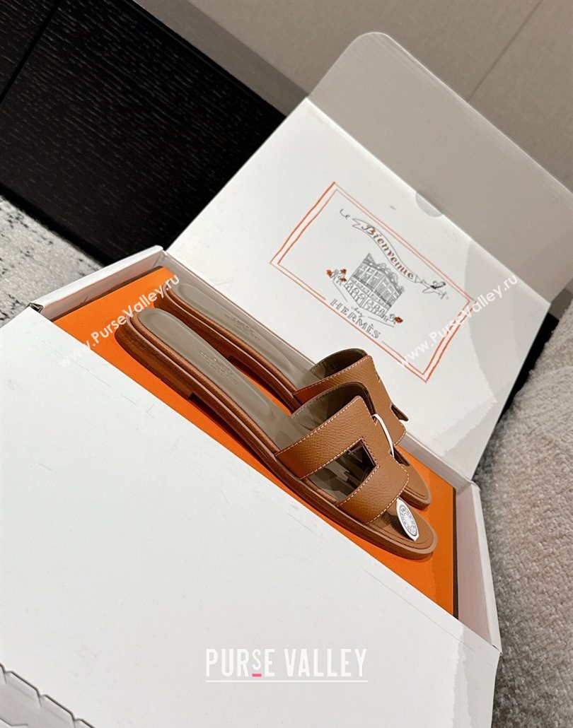 Hermes Classic Oran Flat Slides Sandal in Palm-Grained Leather Brown 06 2025 0606 (MD-250606149)