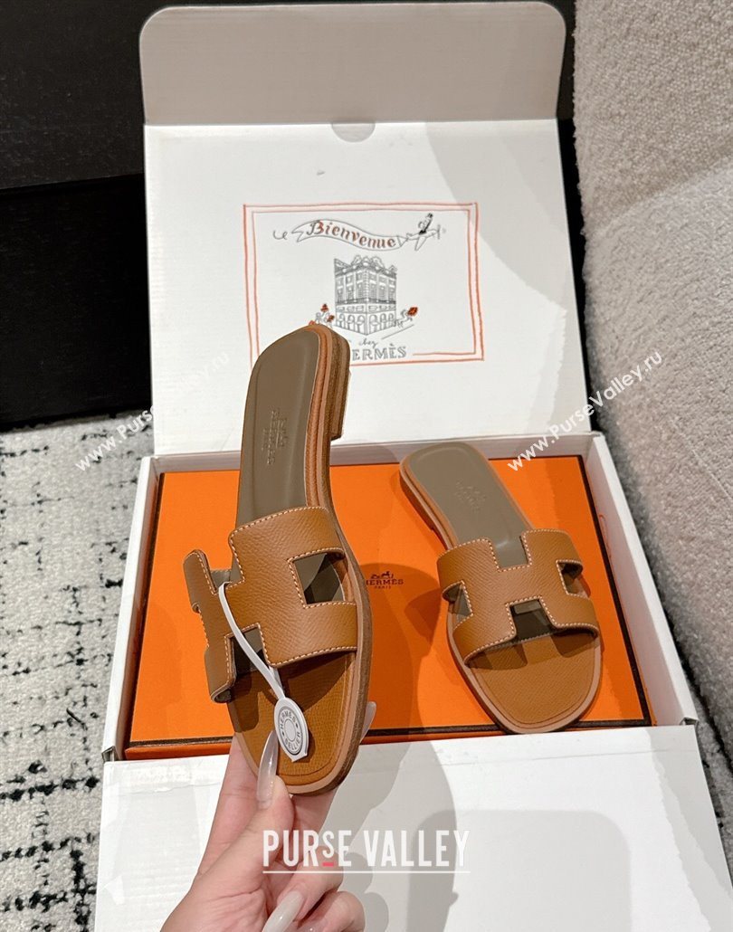 Hermes Classic Oran Flat Slides Sandal in Palm-Grained Leather Brown 06 2025 0606 (MD-250606149)