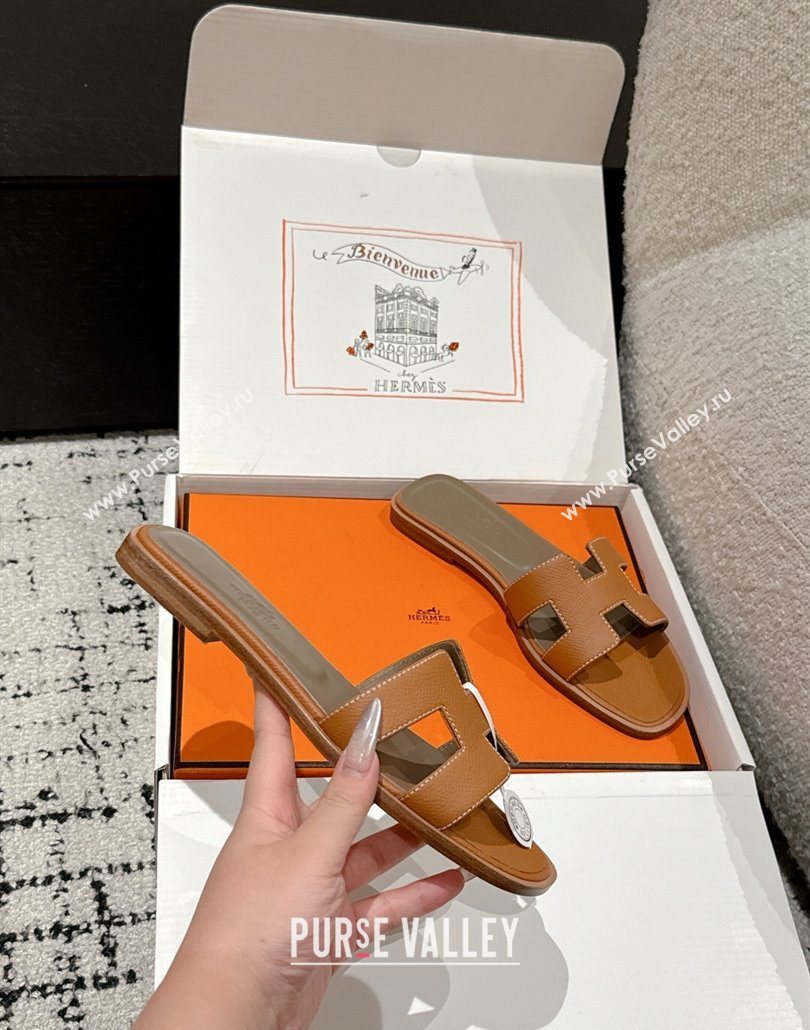 Hermes Classic Oran Flat Slides Sandal in Palm-Grained Leather Brown 06 2025 0606 (MD-250606149)