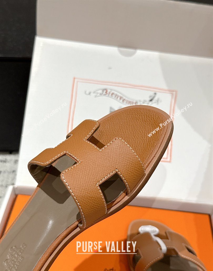 Hermes Classic Oran Flat Slides Sandal in Palm-Grained Leather Brown 06 2025 0606 (MD-250606149)