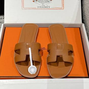Hermes Classic Oran Flat Slides Sandal in Palm-Grained Leather Brown 08 2025 0606 (MD-250606151)