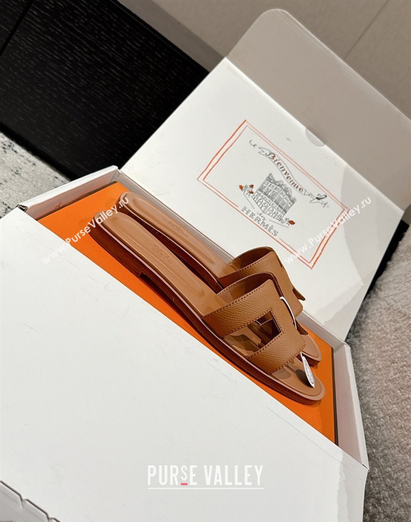 Hermes Classic Oran Flat Slides Sandal in Palm-Grained Leather Brown 08 2025 0606 (MD-250606151)