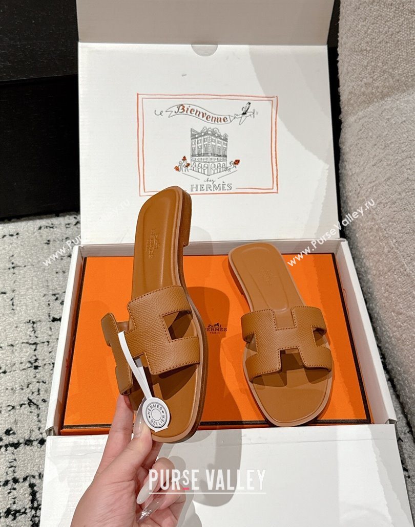 Hermes Classic Oran Flat Slides Sandal in Palm-Grained Leather Brown 08 2025 0606 (MD-250606151)