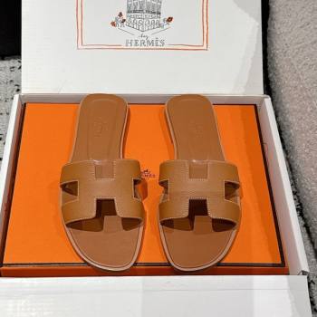 Hermes Classic Oran Flat Slides Sandal in Palm-Grained Leather Brown 12 2025 0606 (MD-250606155)