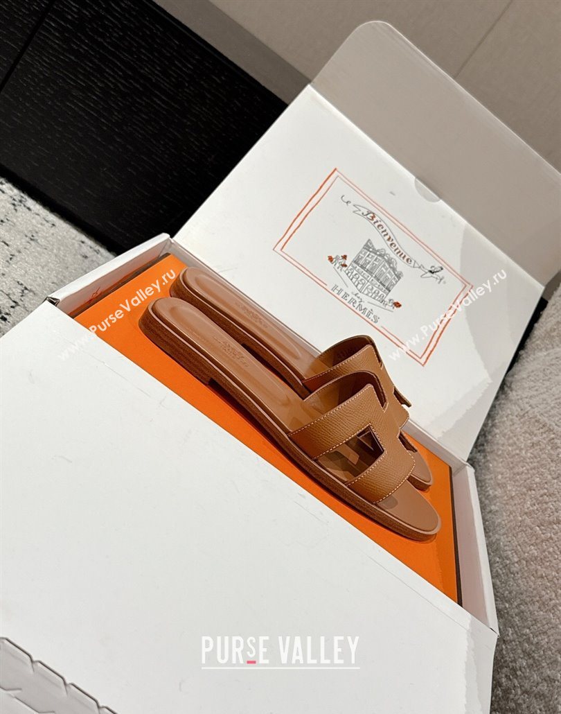 Hermes Classic Oran Flat Slides Sandal in Palm-Grained Leather Brown 12 2025 0606 (MD-250606155)