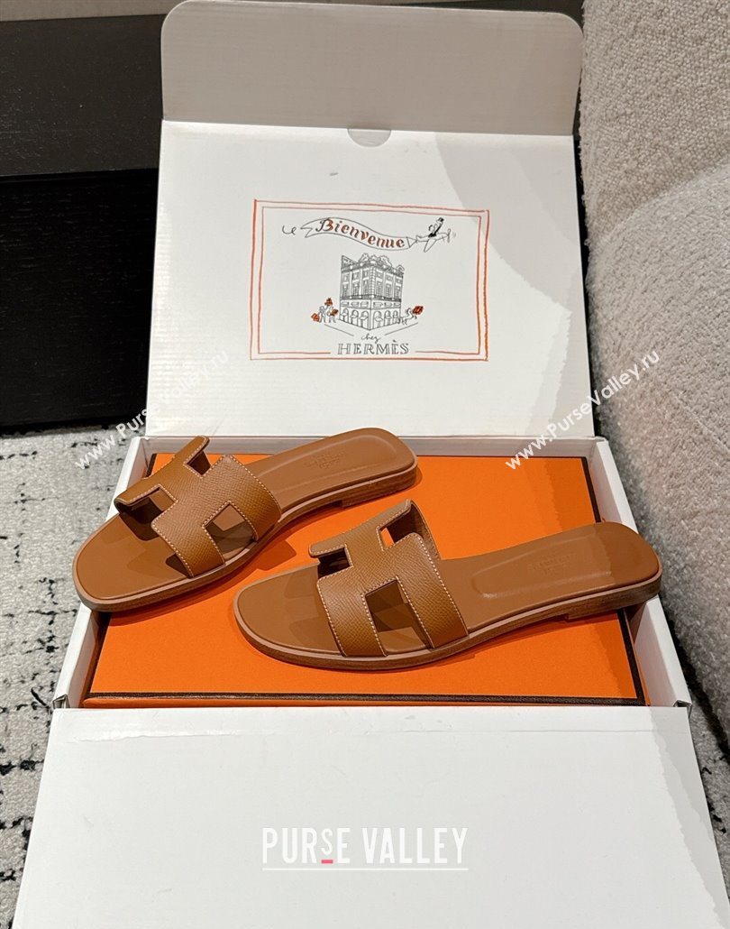 Hermes Classic Oran Flat Slides Sandal in Palm-Grained Leather Brown 12 2025 0606 (MD-250606155)