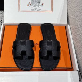 Hermes Classic Oran Flat Slides Sandal in Palm-Grained Leather Black 15 2025 0606 (MD-250606158)
