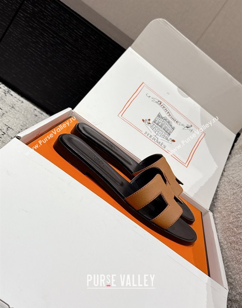 Hermes Classic Oran Flat Slides Sandal in Palm-Grained Leather Brown 16 2025 0606 (MD-250606160)