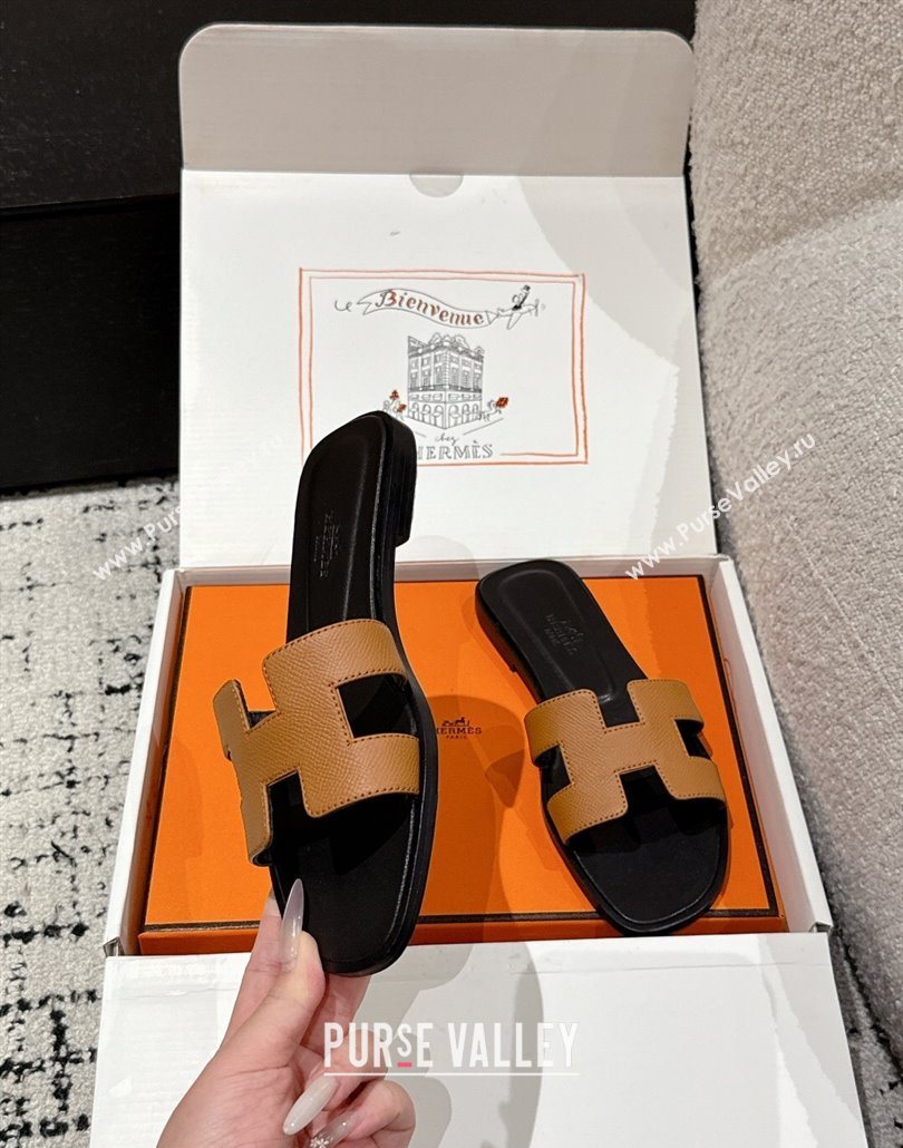 Hermes Classic Oran Flat Slides Sandal in Palm-Grained Leather Brown 16 2025 0606 (MD-250606160)