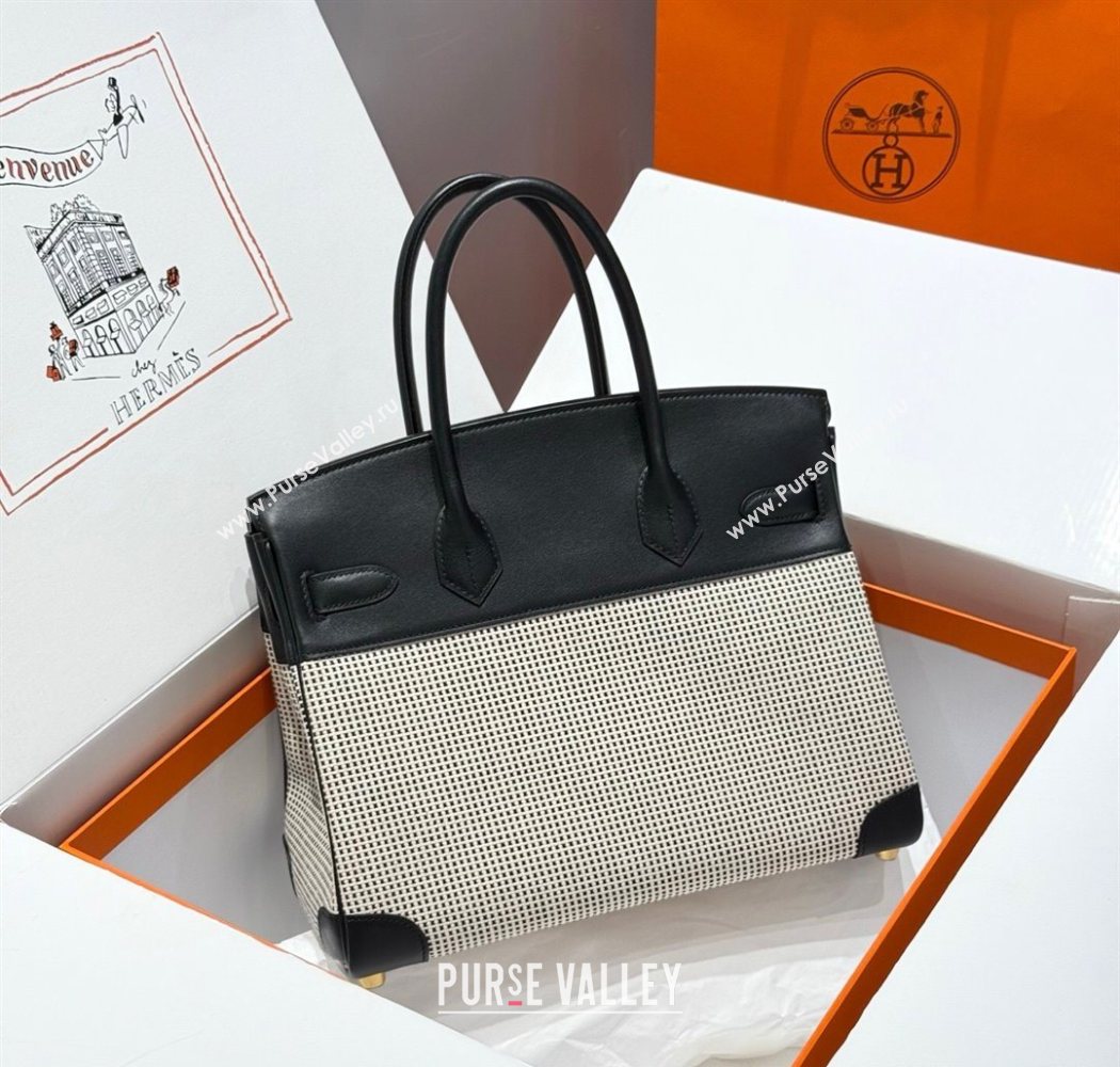 Hermes Birkin 30cm Bag in Waffle Pattern Canvas and Swift Calfskin with Gold Hardware Black/White 2025 (Half Handmade) (FL-25070