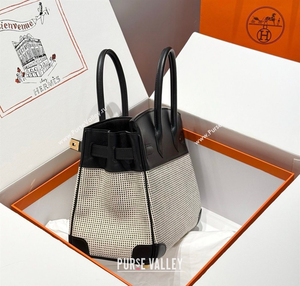 Hermes Birkin 30cm Bag in Waffle Pattern Canvas and Swift Calfskin with Gold Hardware Black/White 2025 (Half Handmade) (FL-25070