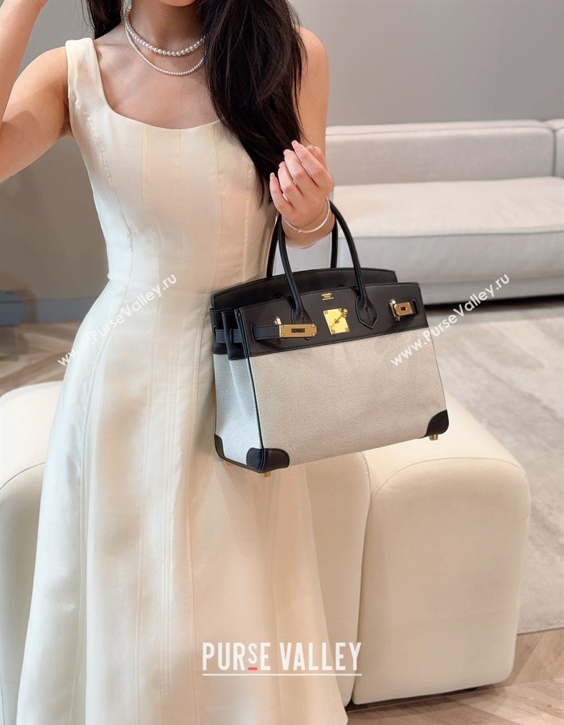 Hermes Birkin 30cm Bag in Canvas and Swift Calfskin Leather with Gold Hardware Black/White 2025 (Half Handmade) (FL-250701078)