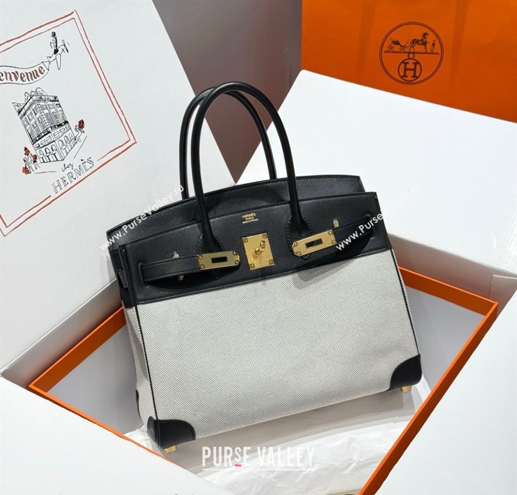 Hermes Birkin 30cm Bag in Canvas and Swift Calfskin Leather with Gold Hardware Black/White 2025 (Half Handmade) (FL-250701078)