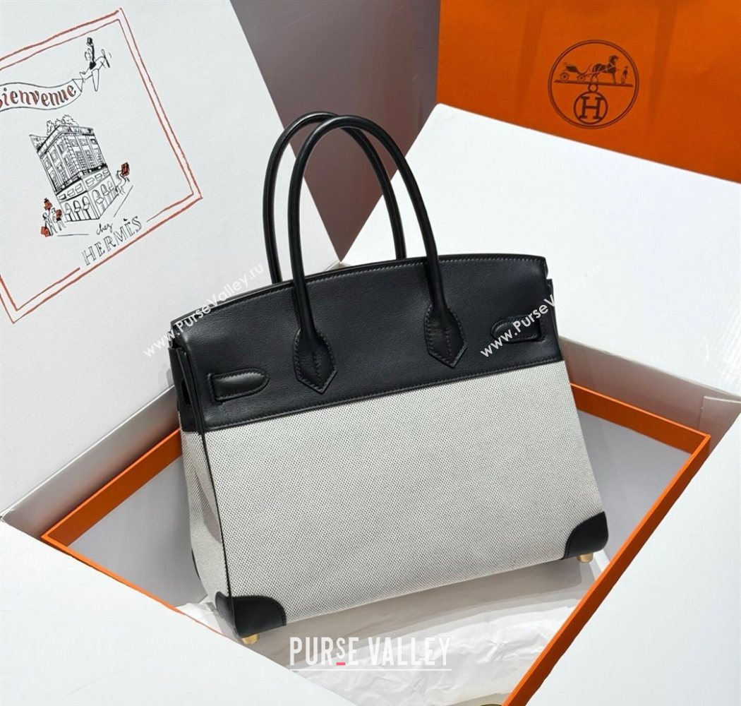 Hermes Birkin 30cm Bag in Canvas and Swift Calfskin Leather with Gold Hardware Black/White 2025 (Half Handmade) (FL-250701078)