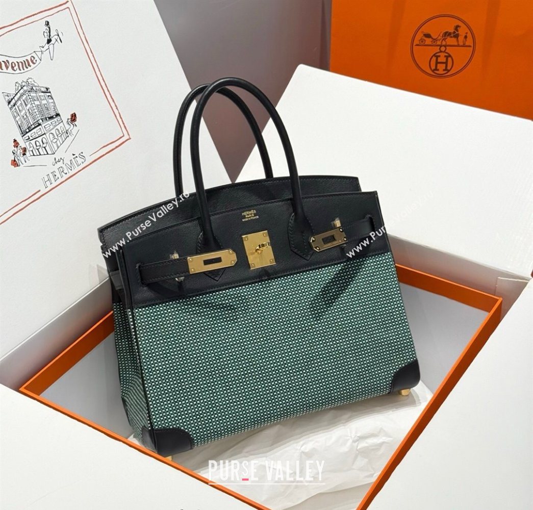 Hermes Birkin 30cm Bag in Waffle Pattern Canvas and Swift Calfskin with Gold Hardware Black/Green 2025 (Half Handmade) (FL-25070