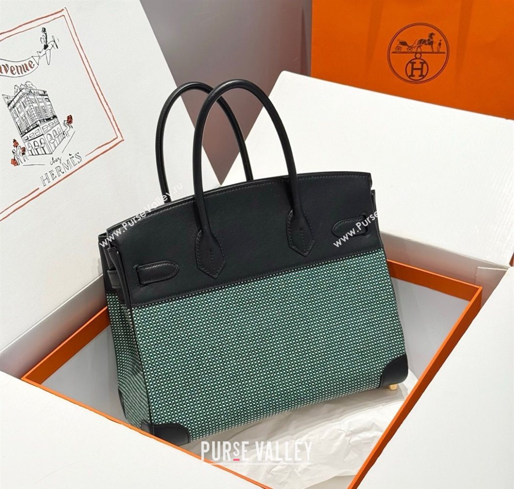 Hermes Birkin 30cm Bag in Waffle Pattern Canvas and Swift Calfskin with Gold Hardware Black/Green 2025 (Half Handmade) (FL-25070