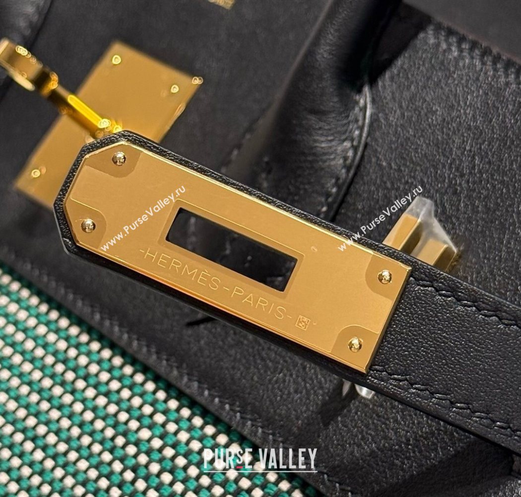 Hermes Birkin 30cm Bag in Waffle Pattern Canvas and Swift Calfskin with Gold Hardware Black/Green 2025 (Half Handmade) (FL-25070