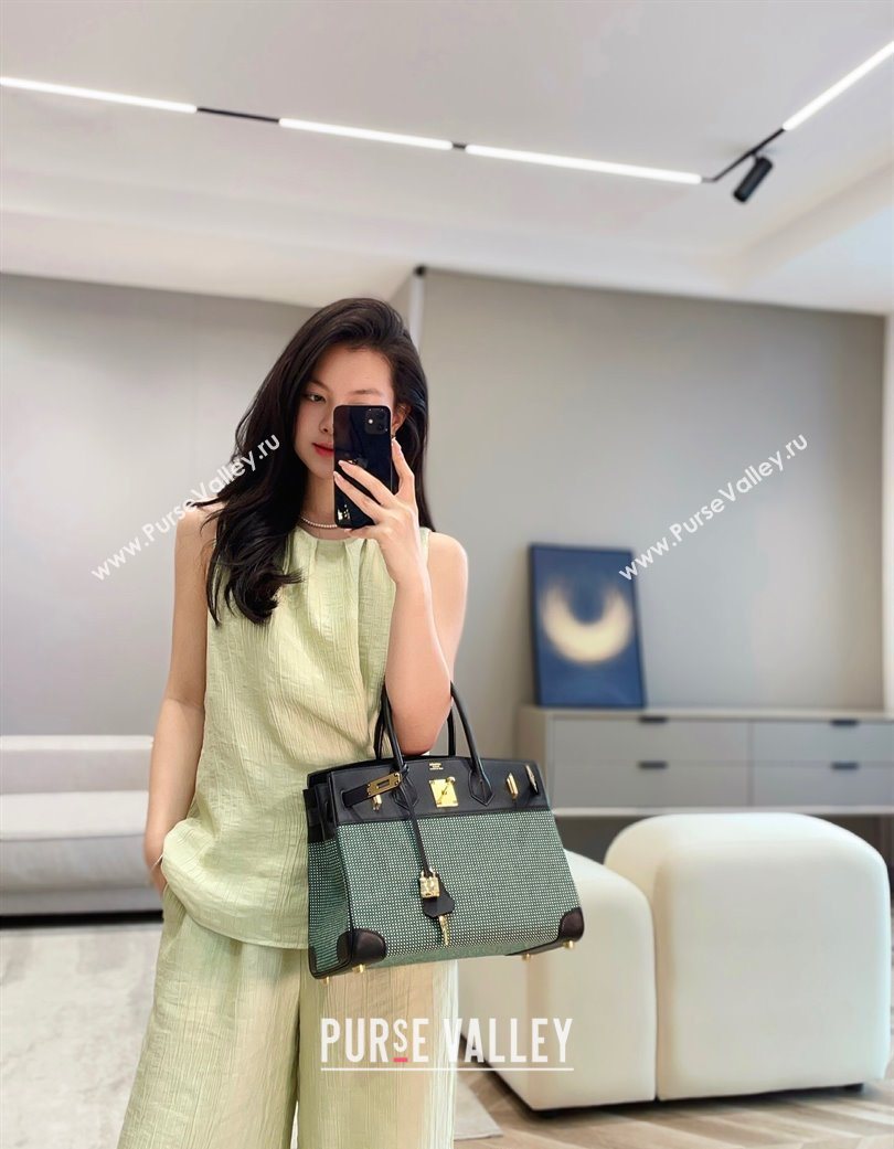 Hermes Birkin 30cm Bag in Waffle Pattern Canvas and Swift Calfskin with Gold Hardware Black/Green 2025 (Half Handmade) (FL-25070