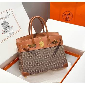 Hermes Birkin 30cm Bag in Waffle Pattern Canvas and Swift Calfskin with Gold Hardware Brown 2025 (Half Handmade) (FL-250701080)