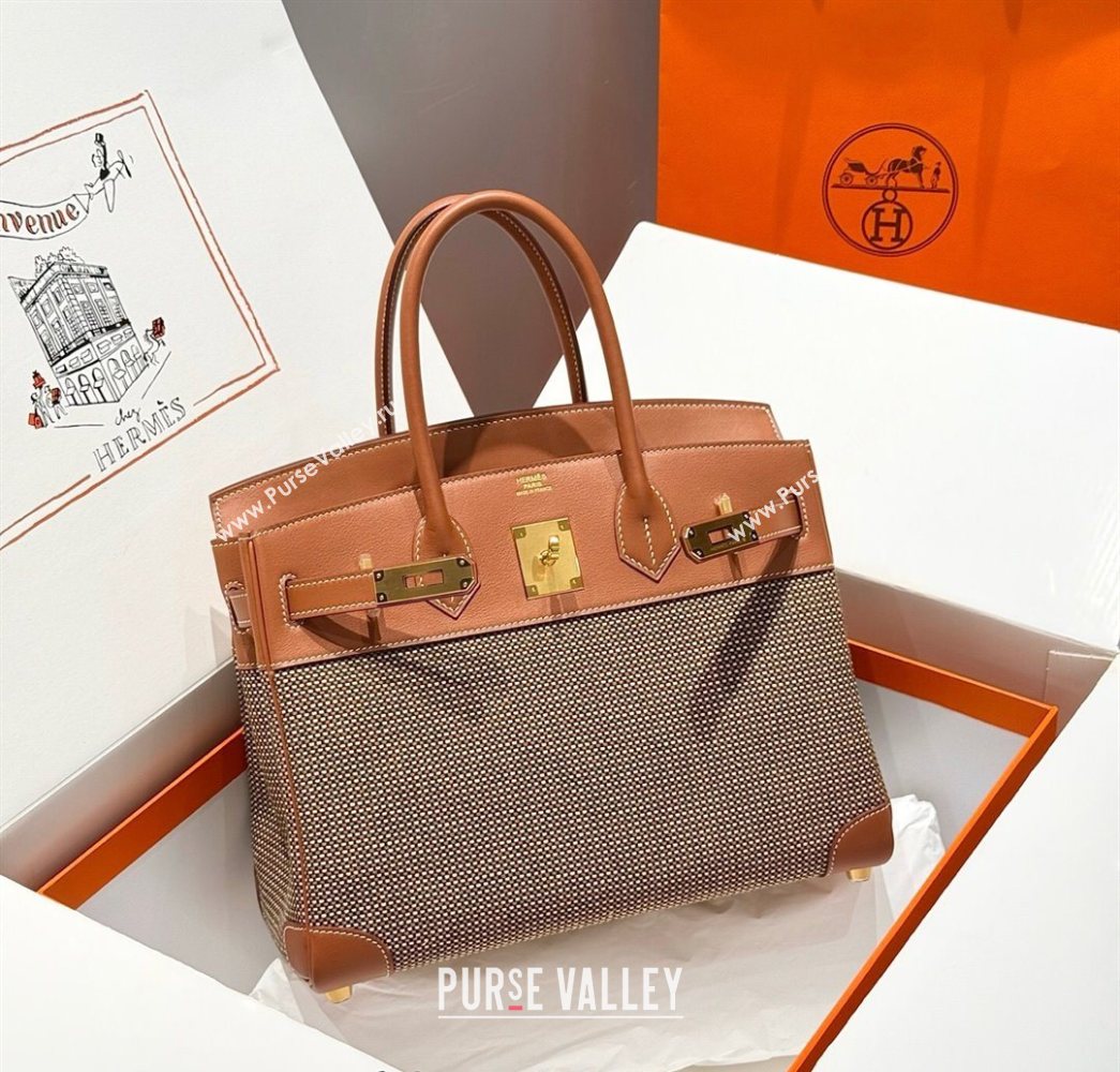 Hermes Birkin 30cm Bag in Waffle Pattern Canvas and Swift Calfskin with Gold Hardware Brown 2025 (Half Handmade) (FL-250701080)